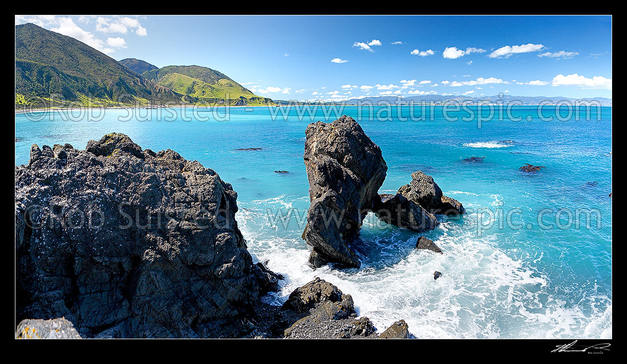 Image of Windy Point in Palliser Bay, Remutaka (Rimutaka) Forest Park near Mukamukaiti and Mukamuka Streams. Aorangi Range distant. Panorama, Palliser Bay, South Wairarapa District, Wellington Region, New Zealand (NZ) stock photo image