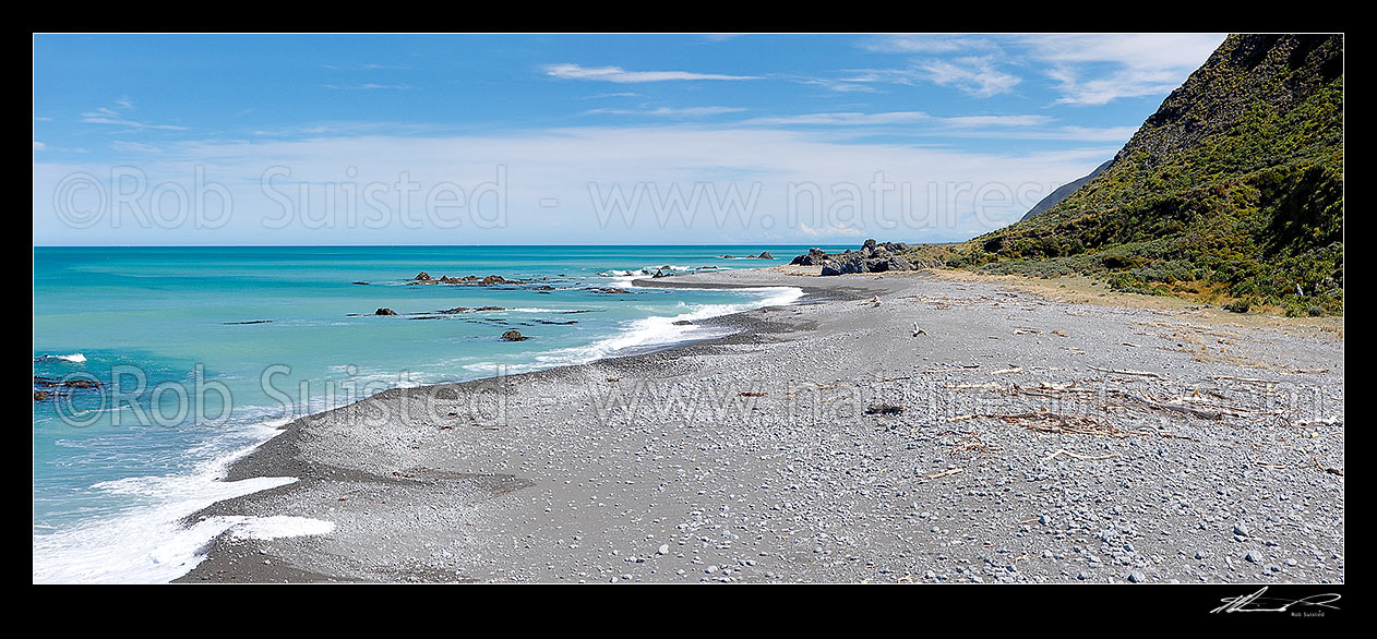 Image of Windy Point in Palliser Bay, looking towards Turakirae Head. Remutaka (Rimutaka) Forest Park near Mukamukaiti Streams. South Island visible in distance. Panorama, Palliser Bay, South Wairarapa District, Wellington Region, New Zealand (NZ) stock photo image