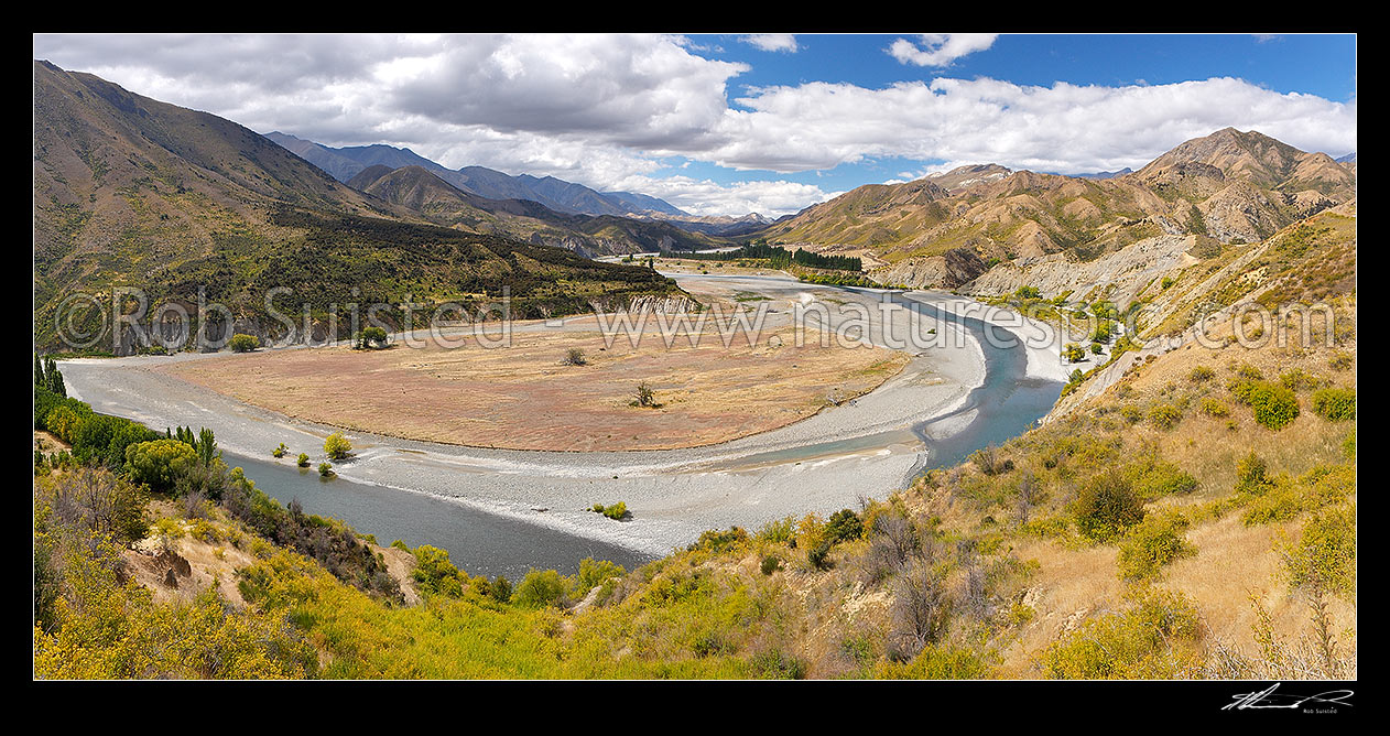 Image of Clarence River, looking downstream from Quail Flat towards Horse Flat. Ka Whata Tu o Rakihouia Conservation Park and Muzzle Station. Panorama, Clarence Reserve, Kaikoura District, Canterbury Region, New Zealand (NZ) stock photo image