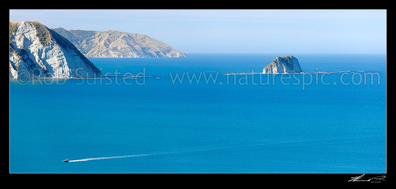 Image of Tolaga Bay. Marau Point visible beyond Te Karaka Point and island. Recreational fishing boat returning. Panorama, Tolaga Bay, Gisborne District, Gisborne Region, New Zealand (NZ) stock photo image