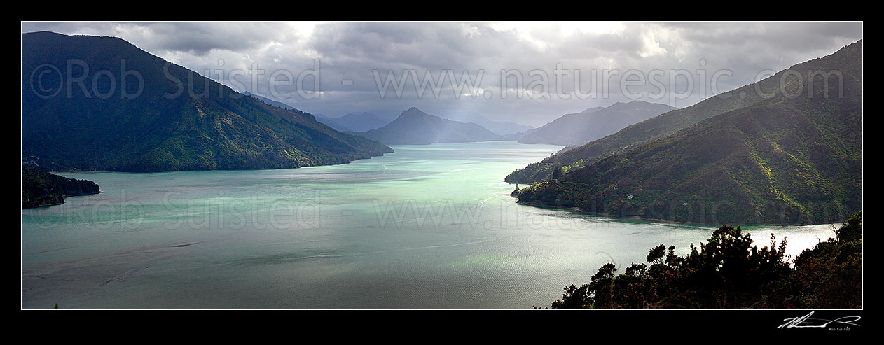 Image of Pelorus Sound and Mahau Sound on a moody stormy day. Black Point and Ohinetaha Bay centre, Okahoka Point and Hoods Bay at right. Marlborough Sounds panorama, Havelock, Marlborough District, Marlborough Region, New Zealand (NZ) stock photo image