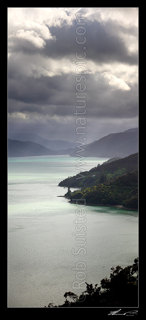 Image of Pelorus Sound and Mahau Sound on a moody day. Ohinetaha Bay centre distance, Okahoka Point and Hoods Bay centre right. Marlborough Sounds, Havelock, Marlborough District, Marlborough Region, New Zealand (NZ) stock photo image