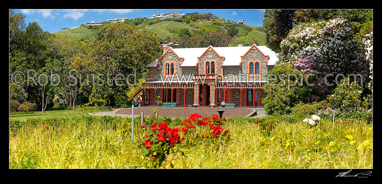 Image of Isel House and gardens, an historic house built around 1887 by Englishman Thomas Marsden, Panorama, Stoke, Nelson City District, Nelson Region, New Zealand (NZ) stock photo image