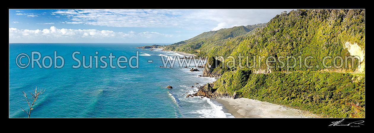 Image of Paparoa National Park coastline, looking down on Meybille Bay and up to KaipaKati Point, Pahautane. Panorama, Punakaiki, Buller District, West Coast Region, New Zealand (NZ) stock photo image