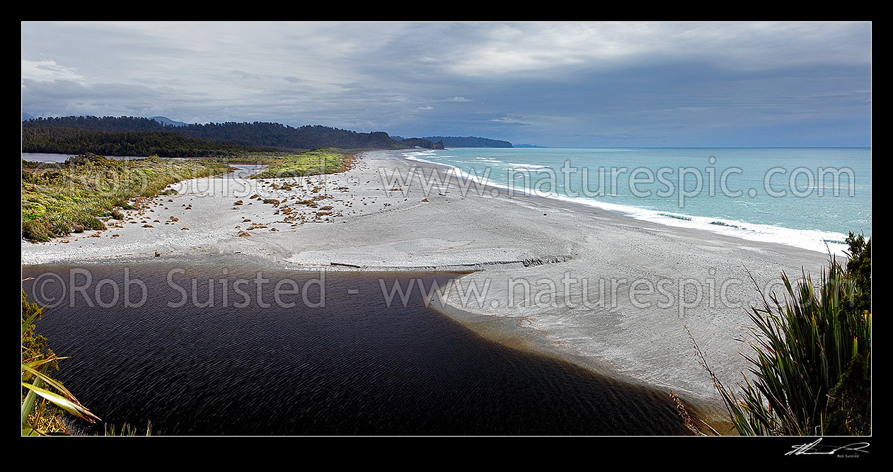 Image of Three Mile Beach and Lagoon, looking south to Blanchards Bluff. Three Mile pack track walk from Okarito. Panorama, Westland / Tai Poutini National Park, Westland District, West Coast Region, New Zealand (NZ) stock photo image