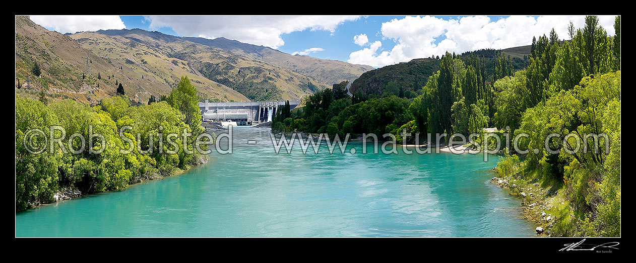 Image of Clyde Dam panorama, NZ's third largest hydroelectric dam, on the Clutha River / Mata-Au, Clyde, Central Otago District, Otago Region, New Zealand (NZ) stock photo image