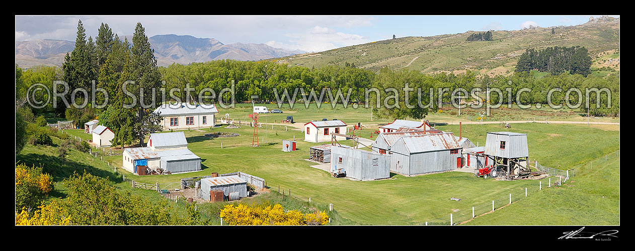 Image of Hayes Engineering Works, historic site of Ernest and Hannah Hayes' rural farm inventions business from 1895. Ida Valley. Panorama, Oturehua, Central Otago District, Otago Region, New Zealand (NZ) stock photo image