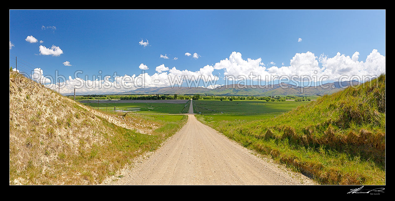 Image of Central Otago crossroads amongst lush farmland and grazing stock. Dunstan Mountains and Lauder Creek behind. Panorama, Becks, Central Otago District, Otago Region, New Zealand (NZ) stock photo image