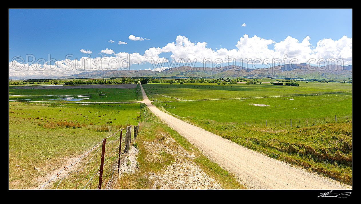 Image of Central Otago crossroads amongst lush grass farmland and grazing stock. Dunstan Mountains and Lauder Creek behind. Panorama, Becks, Central Otago District, Otago Region, New Zealand (NZ) stock photo image