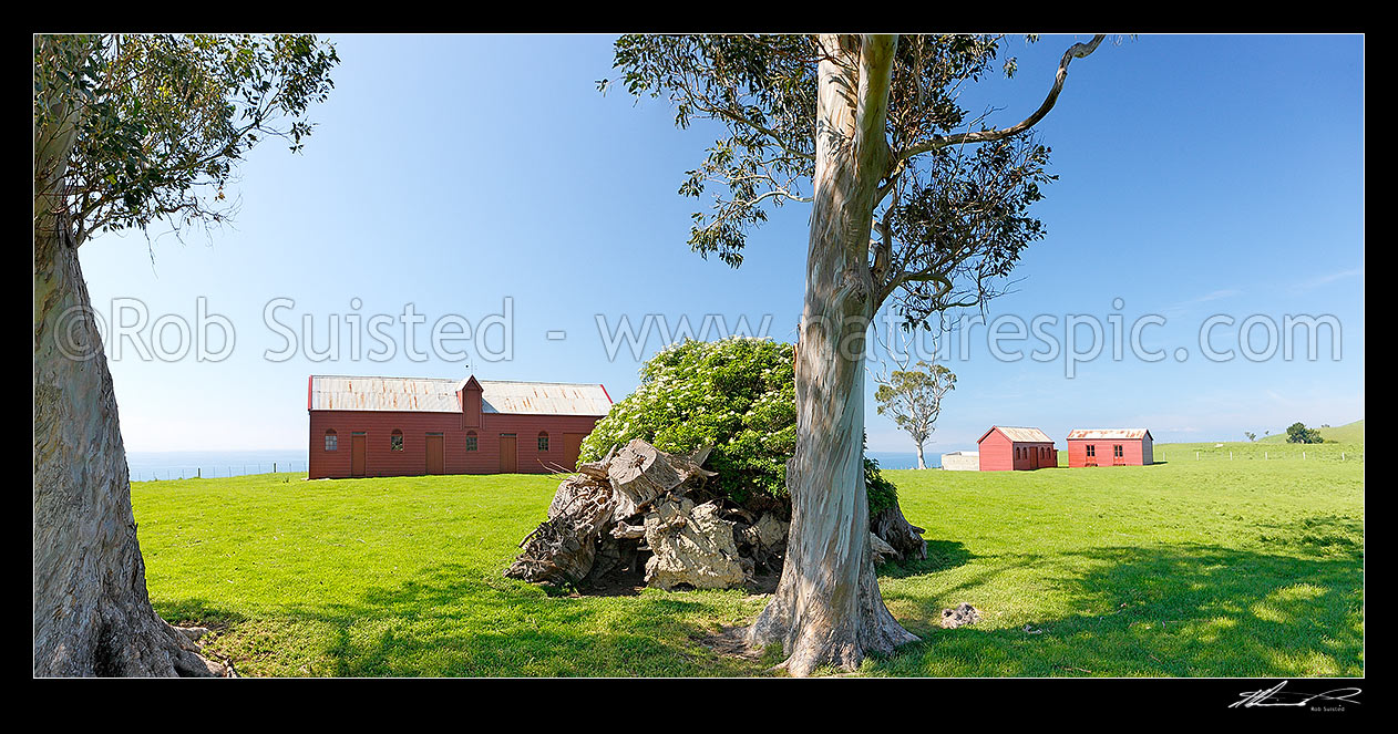 Image of Matanaka Farm Buildings, built by Johnny Jones, pioneering settler in Otago in the 1840's. Panorama, Waikouaiti, Dunedin City District, Otago Region, New Zealand (NZ) stock photo image