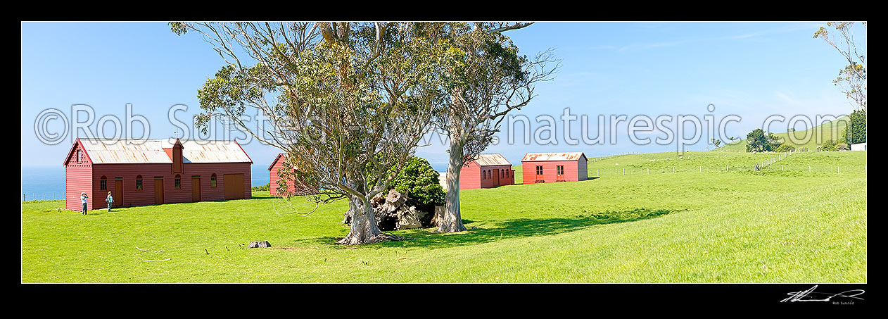 Image of Matanaka Farm Buildings, built by Johnny Jones, pioneering settler in Otago in the 1840's. Panorama, Waikouaiti, Dunedin City District, Otago Region, New Zealand (NZ) stock photo image