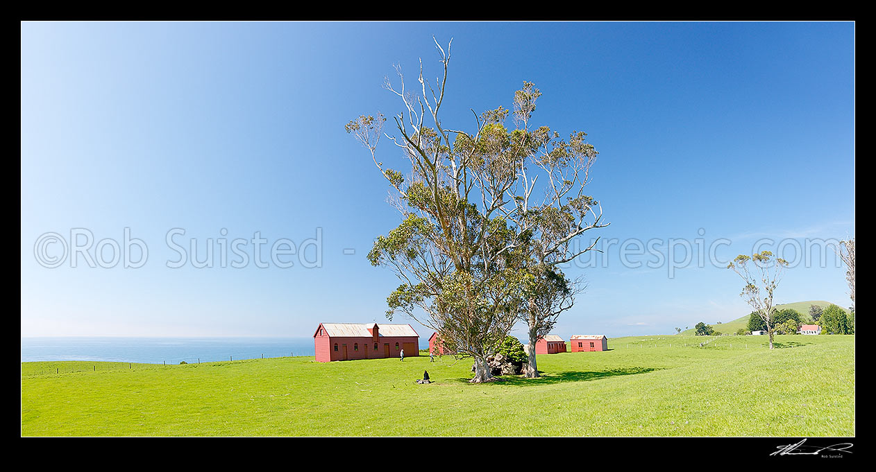 Image of Matanaka Farm Buildings, built by Johnny Jones, pioneering settler in Otago in the 1840's. Panorama, Waikouaiti, Dunedin City District, Otago Region, New Zealand (NZ) stock photo image