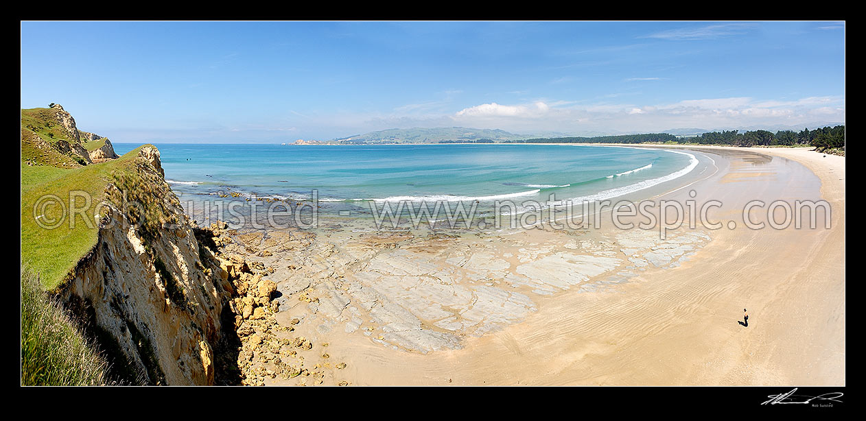 Image of Matanaka or Waikouaiti Beach from Cornish Head, looking south towards Dunedin. Panorama, Waikouaiti, Dunedin City District, Otago Region, New Zealand (NZ) stock photo image