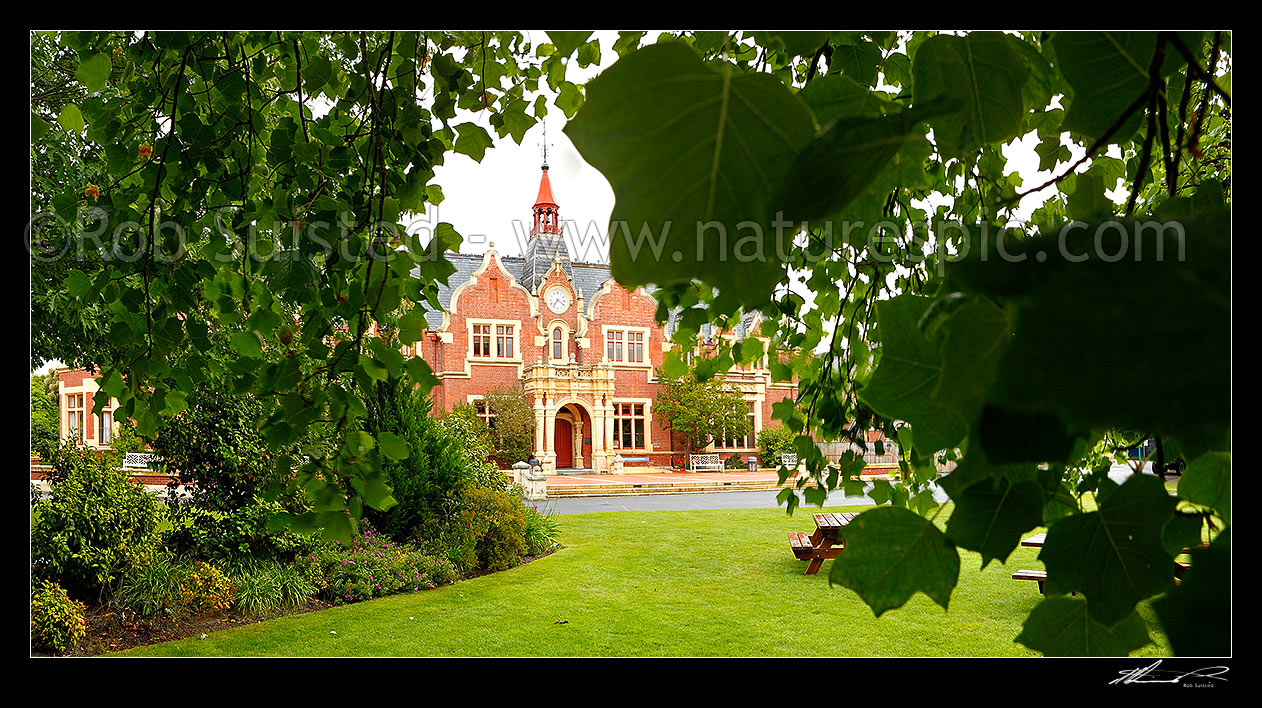 Image of Ivey Hall at Lincoln University, historic building built in 1879, serves as a hub for Lincoln University. Panorama, Lincoln, Selwyn District, Canterbury Region, New Zealand (NZ) stock photo image