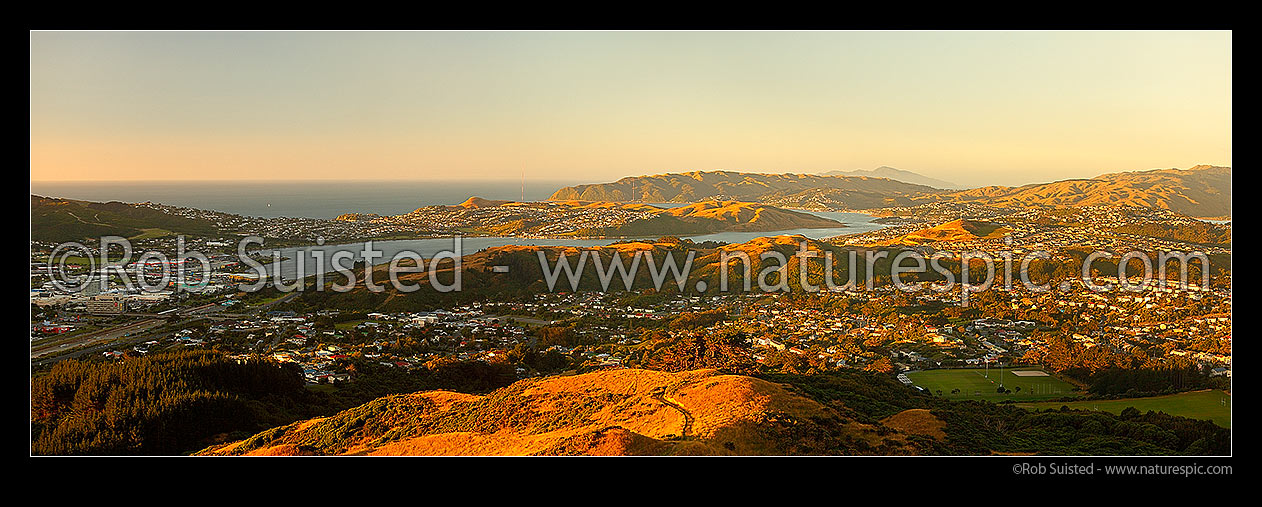 Image of Porirua City and Harbour with Titahi Bay centre. Plimmerton, Paremata, Camborne and Kapiti Island distant. Panorama, Porirua, Porirua City District, Wellington Region, New Zealand (NZ) stock photo image