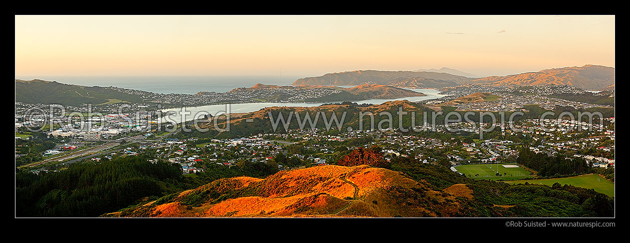 Image of Porirua City and Harbour with Titahi Bay centre. Plimmerton, Paremata, Camborne and Kapiti Island distant. Panorama, Porirua, Porirua City District, Wellington Region, New Zealand (NZ) stock photo image