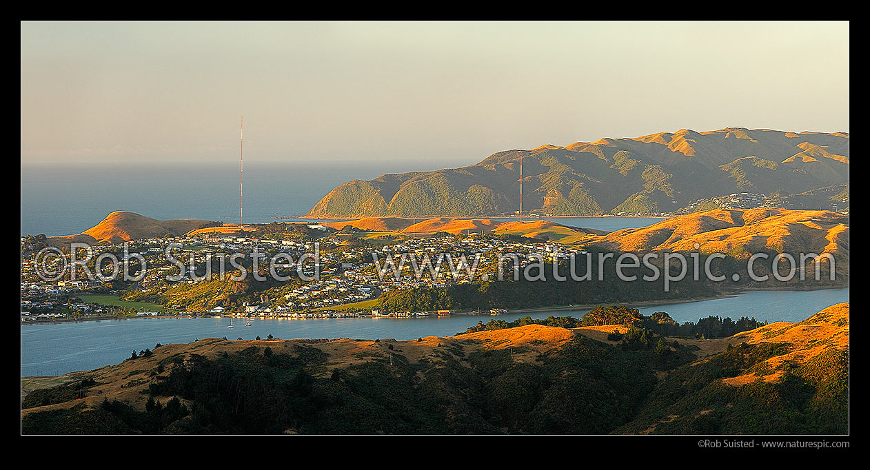 Image of Porirua Harbour, Titahi Bay, Onepoto and Whitireia Park. Te Rewarewa Point and Karehana Bay in distance. Panorama, Porirua, Porirua City District, Wellington Region, New Zealand (NZ) stock photo image