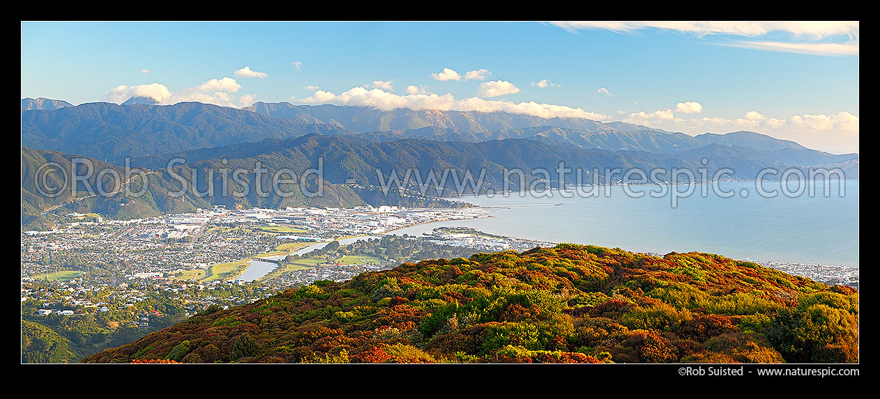 Image of Hutt Valley and Petone from Belmont. Wainuiomata Hill Rd (left) to Point Howard, Days Bay and Eastbourne (right). Remutaka (Rimutaka) Ranges beyond. Panorama, Hutt Valley, Hutt City District, Wellington Region, New Zealand (NZ) stock photo image