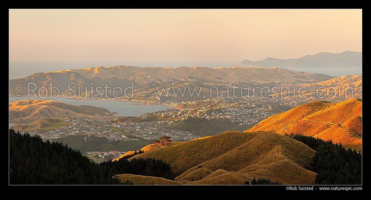 Image of Porirua Harbour, Plimmerton, Aotea, Waitangirua, Camborne, Pukerua Bay, with Kapiti Island in distance. Panorama, Belmont Regional Park, Porirua City District, Wellington Region, New Zealand (NZ) stock photo image