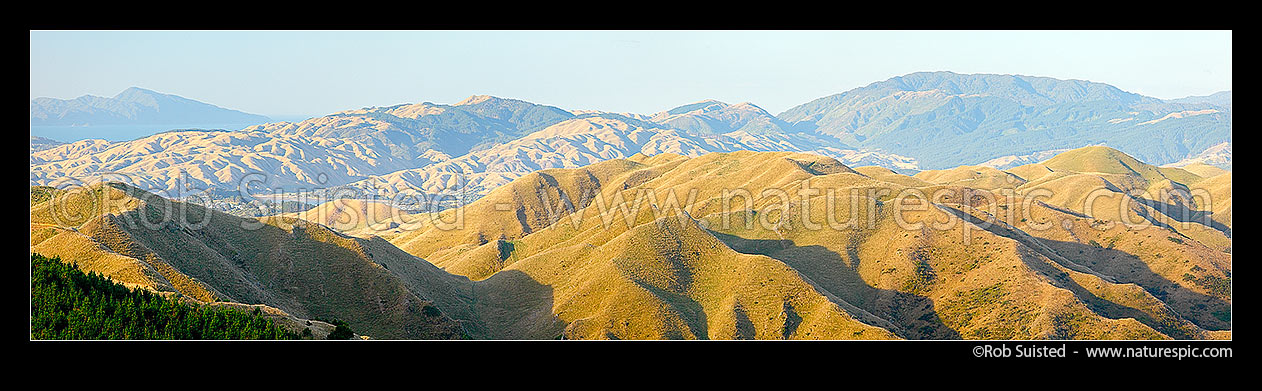 Image of Belmont Regional Park Hills, looking over Cannons Head and Round Hill towards Kapiti Island, Pauatahanui Inlet, Mt Wainui (right). Panorama, Belmont Regional Park, Porirua City District, Wellington Region, New Zealand (NZ) stock photo image