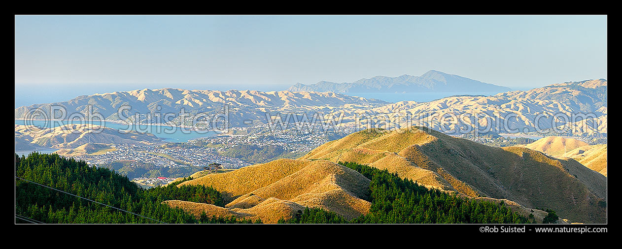 Image of Porirua Harbour, Plimmerton, Aotea, Waitangirua, Camborne, Pukerua Bay, Kapiti Island (beyond) and Pauatahanui Inlet seen from Belmont Regional Park. Panorama, Belmont Regional Park, Porirua City District, Wellington Region, New Zealand (NZ) stock photo image