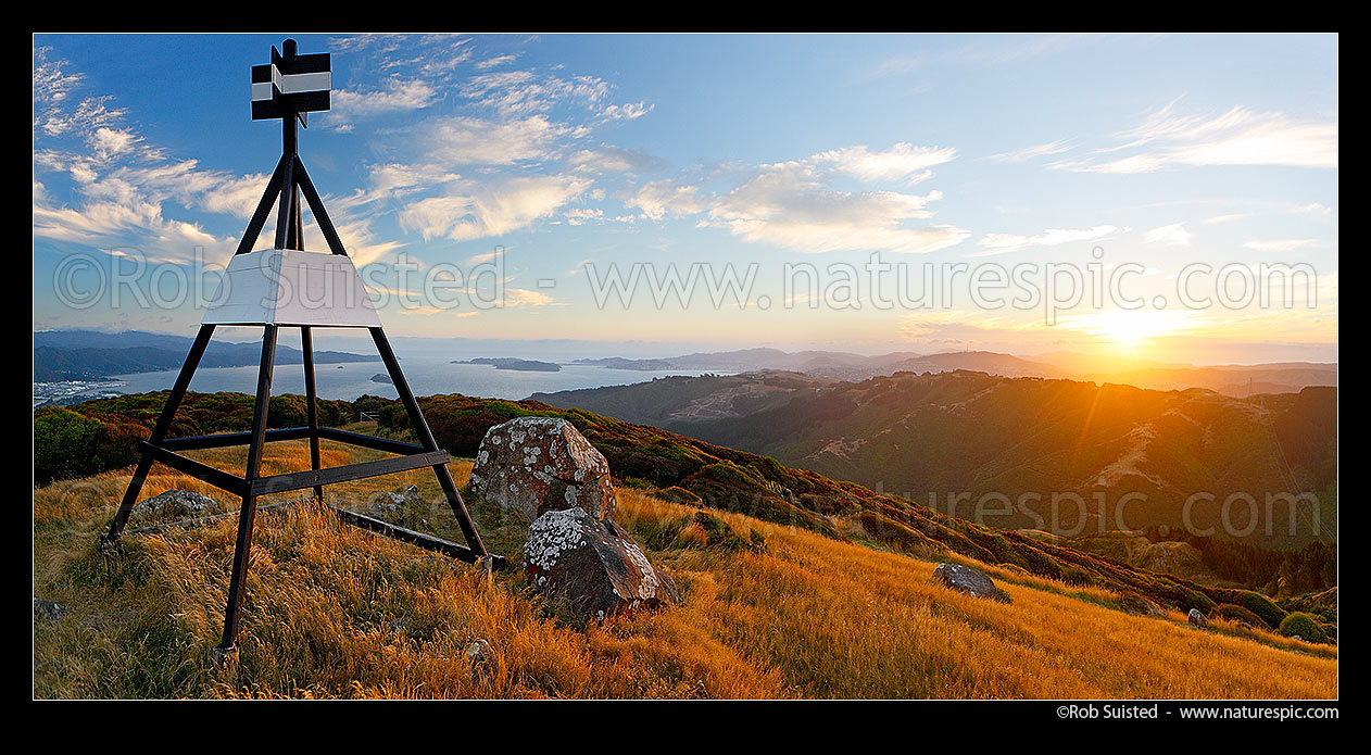 Image of Wellington Harbour at sunset from Belmont Trig station (456m). Hutt Valley far left, Korokoro Horokiwi at right. Panorama, Belmont Regional Park, Wellington City District, Wellington Region, New Zealand (NZ) stock photo image