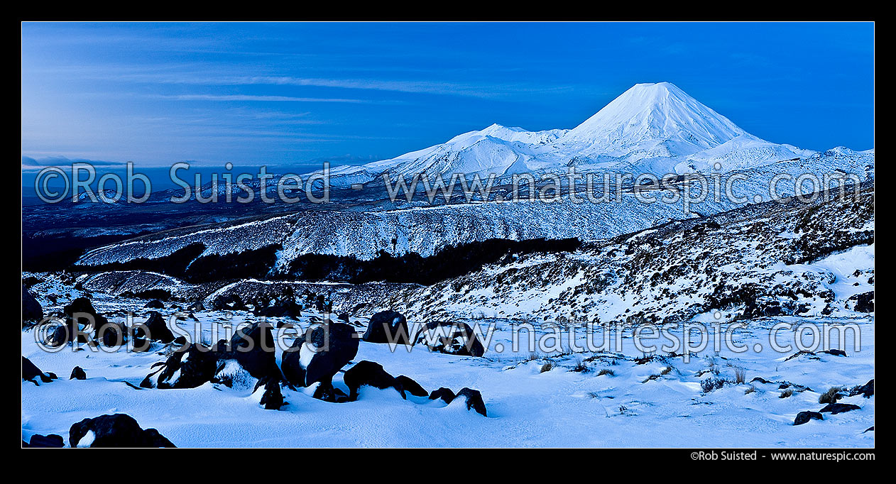 Image of Mount Ngauruhoe (2287m), distinctive volcanic cone in Tongariro National Park with Mt Tongariro (1967m) to left, panorama seen from Whakapapa in winter snow at twilight, Tongariro National Park, Ruapehu District, Manawatu-Wanganui Region, New Zealand (NZ) stock photo image