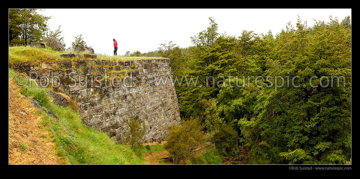 Image of Staveley lime kilns, the 'Langdon kiln' was built in 1898 by William Langdon worked by the Springburn Lime and Coal company and operated until about 1911. Panorama, Staveley, Ashburton District, Canterbury Region, New Zealand (NZ) stock photo image