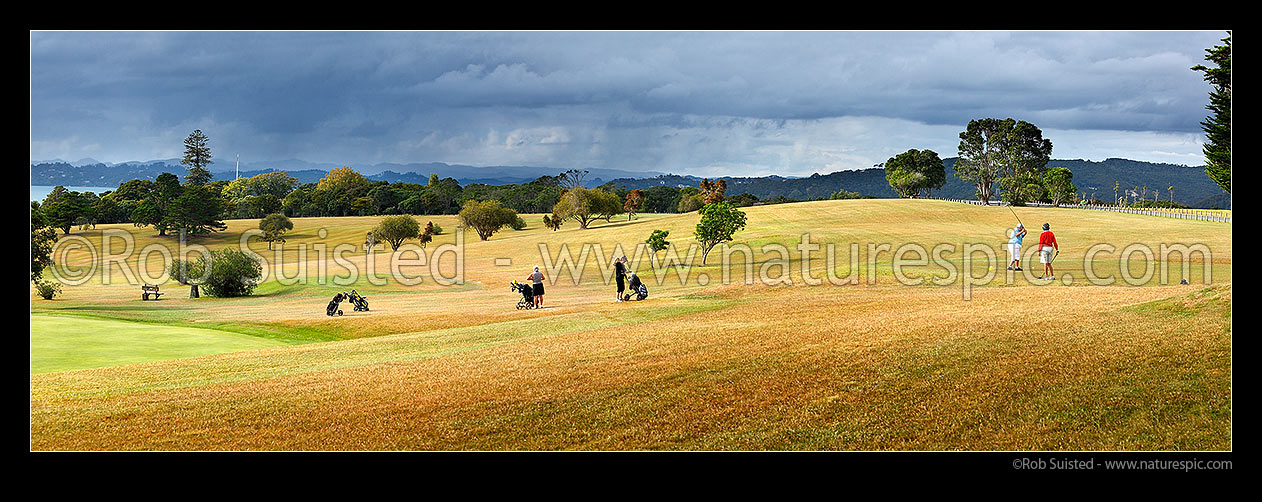 Image of Waitangi Golf Club over looking the Bay of Islands towards Russell. Panorama, Pahia, Bay of Islands, Far North District, Northland Region, New Zealand (NZ) stock photo image