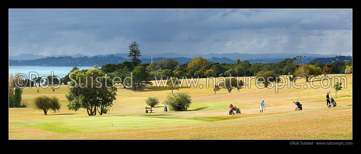 Image of Waitangi Golf Club over looking the Bay of Islands towards Russell. Panorama, Pahia, Bay of Islands, Far North District, Northland Region, New Zealand (NZ) stock photo image