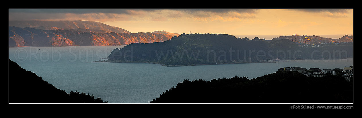 Image of Wellington Harbour panorama. Post storm sunlight on Pencarrow Head and Eastbourne Coast. Point Halswell & Miramar Peninsula right, Wellington Harbour, Wellington City District, Wellington Region, New Zealand (NZ) stock photo image