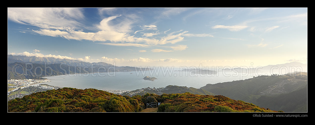 Image of Wellington Harbour panorama. Remutaka (Rimutaka) Range, Eastern bays at left. Pencarrow Head and Matiu/Somes Island centre, Miramar Peninsula, Airport and City at right, seen from Belmont Regional Park, Petone, Wellington City District, Wellington Region, New Zealand (NZ) stock photo image