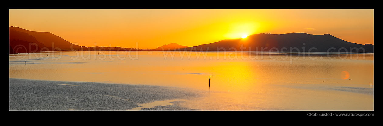 Image of Otago Harbour sunrise. Looking past Te Ngaru, towards Aramoana, The Spit, Taiaroa Head, Hautai Hill, and Harington Point. Panorama, Port Chalmers, Dunedin City District, Otago Region, New Zealand (NZ) stock photo image