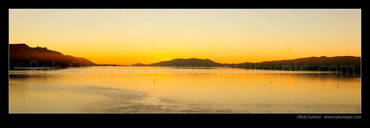 Image of Otago Harbour sunrise. Looking past Acheron Point and Te Ngaru (right), towards Aramoana, The Spit, Taiaroa Head, Hautai Hill (centre), and Otakou (right). Panorama, Port Chalmers, Dunedin City District, Otago Region, New Zealand (NZ) stock photo image