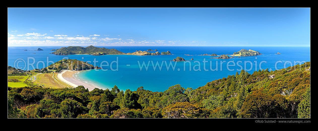 Image of Matauri Bay panorama with Cavalli Islands beyond (Motukawanui, Motukawaiti, Piraunui, Kahangaro and others), Matauri Bay, Far North District, Northland Region, New Zealand (NZ) stock photo image