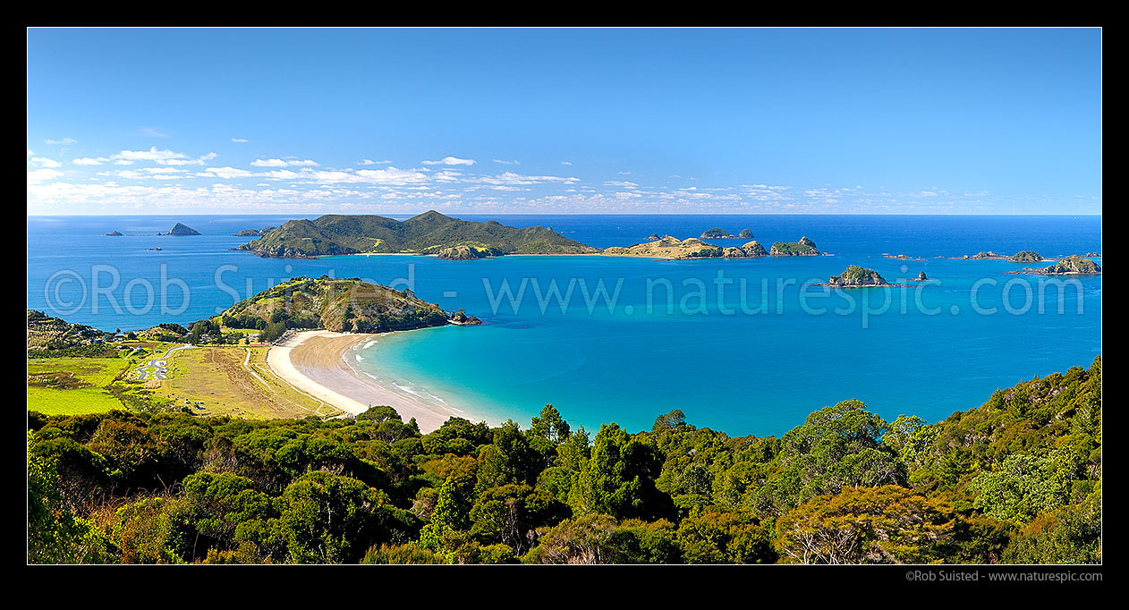 Image of Matauri Bay panorama with Cavalli Islands beyond (Motukawanui, Piraunui, Kahangaro and others), Matauri Bay, Far North District, Northland Region, New Zealand (NZ) stock photo image