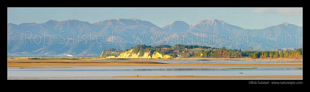 Image of Kina Peninsula and Beach towards Moutere Bluffs and Ruby Bay. Seen across Tasman Bay from Motueka. Mt Rintoul and Richmond Range beyond. Panorama, Motueka, Tasman District, Tasman Region, New Zealand (NZ) stock photo image