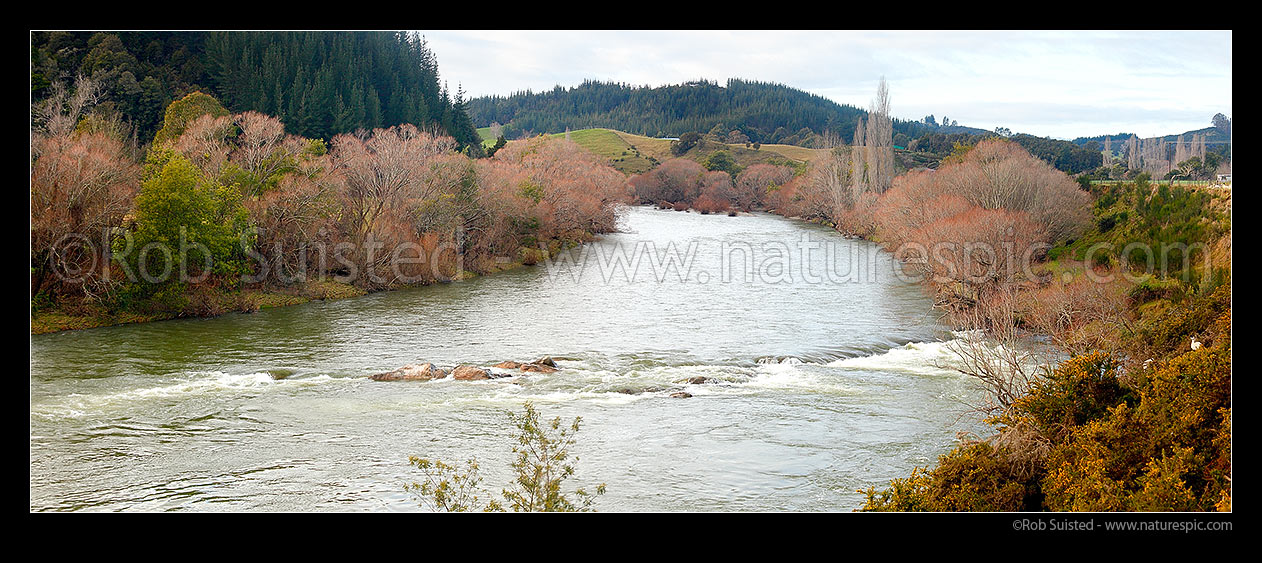 Image of Motueka River near Ngatimoti. River in winter flow, Motueka, Tasman District, Tasman Region, New Zealand (NZ) stock photo image