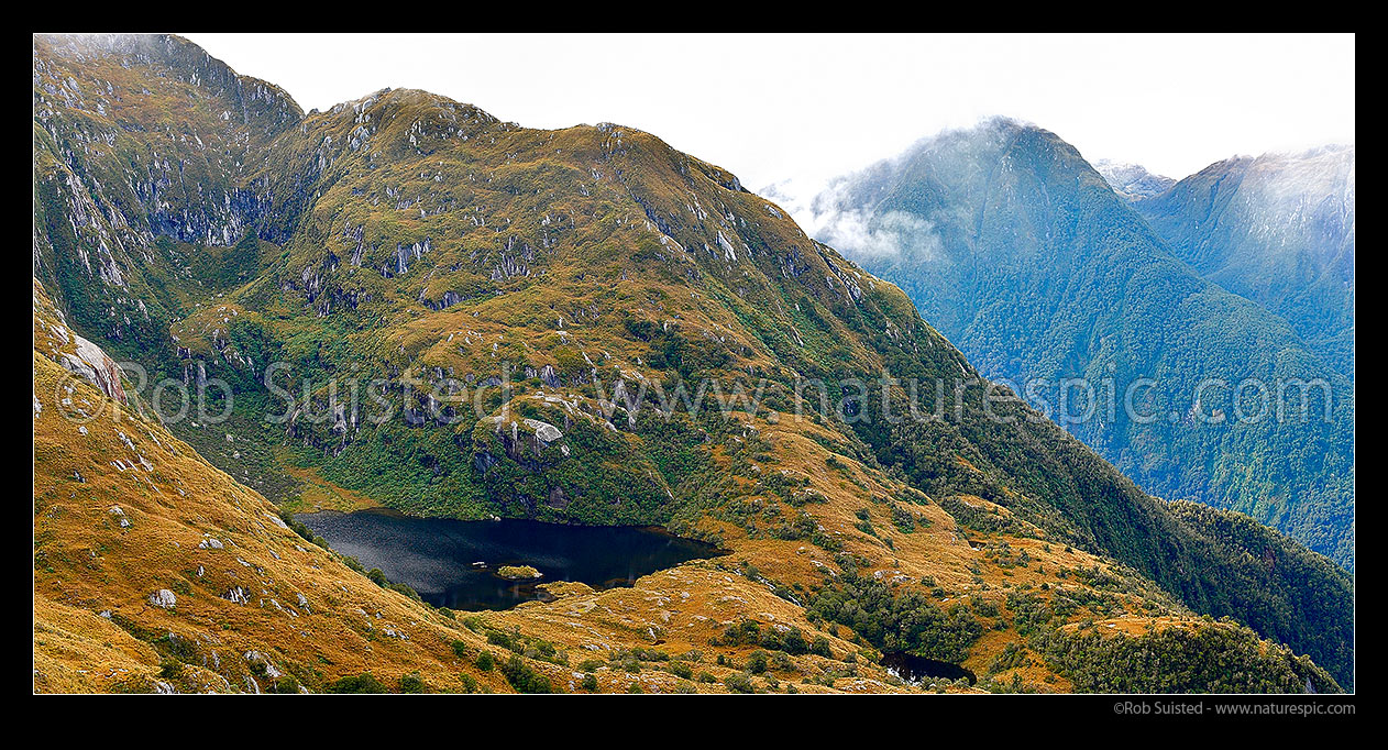 Image of Edith River tops and tarns, looking across the Edith River Valley to Impossible Creek (right), Glaisnock Widlerness Area. Panorama, Fiordland National Park, Southland District, Southland Region, New Zealand (NZ) stock photo image