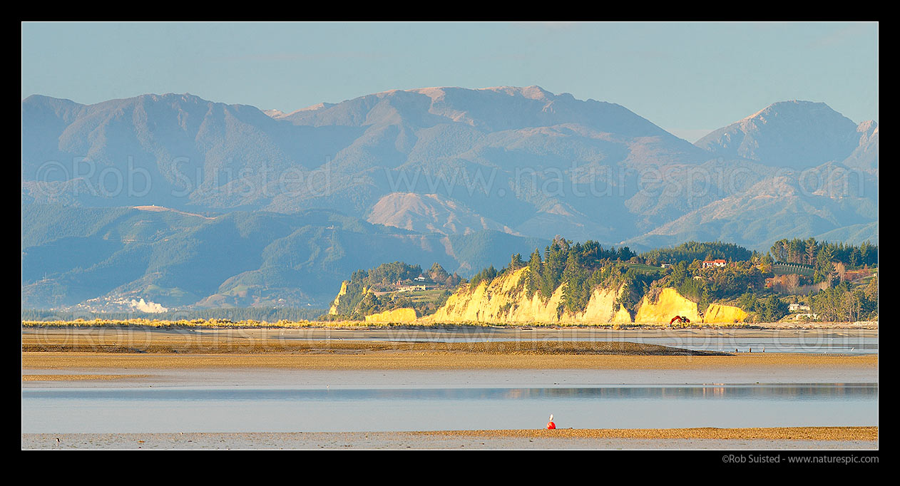 Image of Kina Peninsula and Beach towards Moutere Bluffs and Ruby Bay. Seen across Tasman Bay from Motueka. Mt Rintoul and Richmond Range beyond. Panorama, Motueka, Tasman District, Tasman Region, New Zealand (NZ) stock photo image