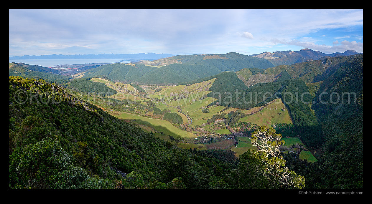 Image of Looking down the Riwaka River Valley towards Motueka and Tasman Bay. Panorama, Motueka, Tasman District, Tasman Region, New Zealand (NZ) stock photo image