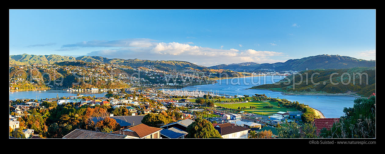 Image of Porirua Harbour panorama from Camborne. Mana and Paremata centre left, Porirua City distant right. Papakowhai centre and Titahi Bay Onepoto far right, Plimmerton, Porirua City District, Wellington Region, New Zealand (NZ) stock photo image