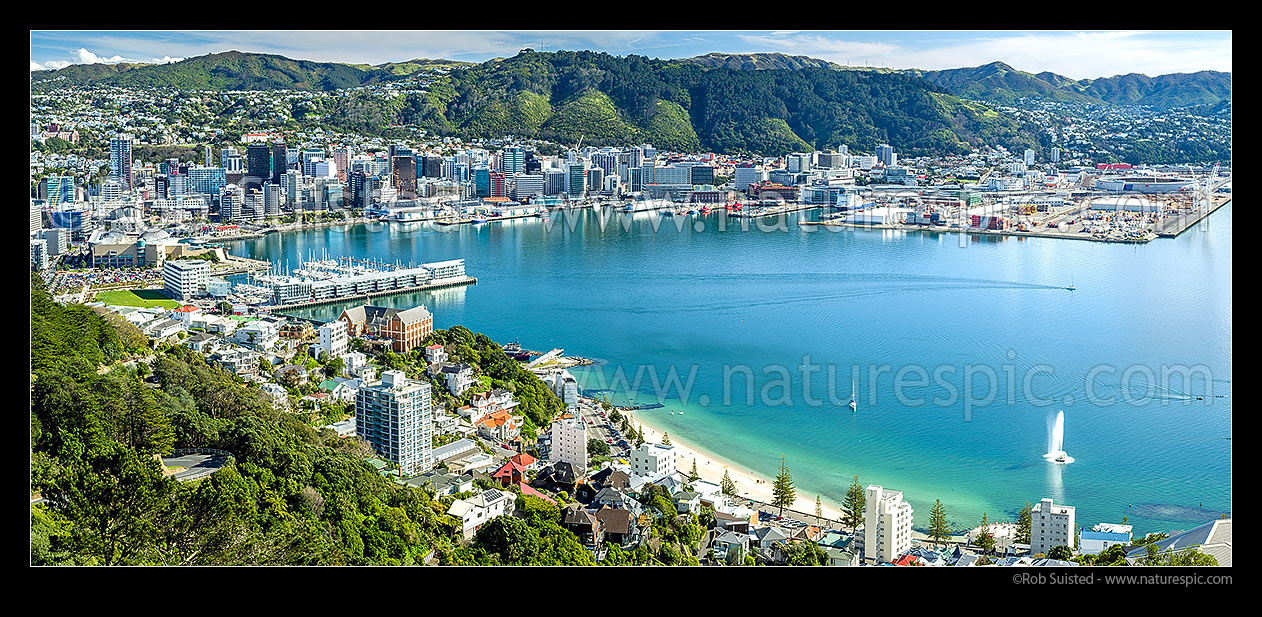 Image of Wellington City, Harbour, Te Papa, Chaffers Marina, Lambton Harbour, City Centre and Container Terminal seen from Mount Victoria. Carter Fountain playing in Oriental Bay. Panorama, Wellington City, Wellington City District, Wellington Region, New Zealand (NZ) stock photo image