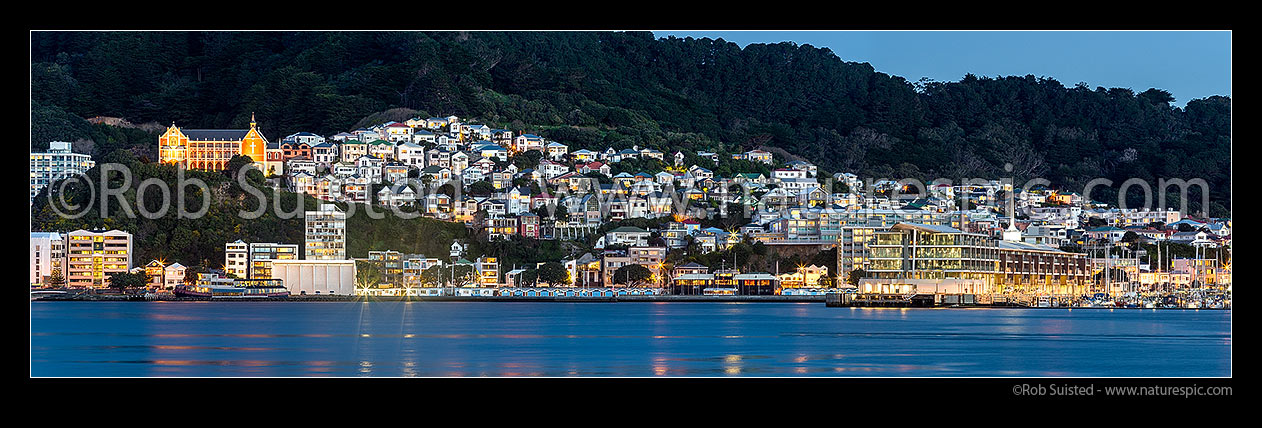 Image of Roseneath Oriental Bay houses and villas perched above Oriental Parade Beach and Port Nicholson Yacht Club boat sheds. St Gerard's Monsatery at left. Clyde Quay Wharf (Overseas Passenger Terminal) and Chaffers Marina at right Panorama, Wellington, Wellington City District, Wellington Region, New Zealand (NZ) stock photo image