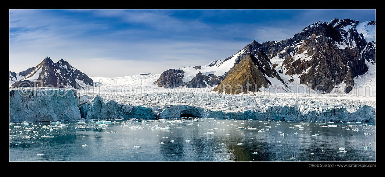 Image of Glacier entering in Hornsundfjorden in the Hornbreen, South western Spitsbergen. Panorama, Hornsund, Svalbard stock photo image