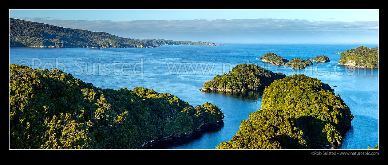 Image of Dusky Sound entrance Anchor Island, Many Islands, and Fannin Bay, South Point. Princess Cruises Dawn Princess ship. Aerial panorama, Dusky Sound, Fiordland National Park, Southland District, Southland Region, New Zealand (NZ) stock photo image