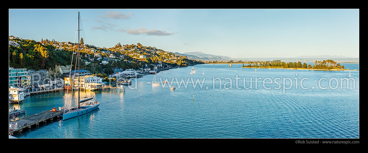 Image of Nelson. Yachts and sailboats in Nelson Haven alongside waterfront and Wakefield Quay. Haulashore Island at right. Panorama, Nelson, Nelson City District, Nelson Region, New Zealand (NZ) stock photo image