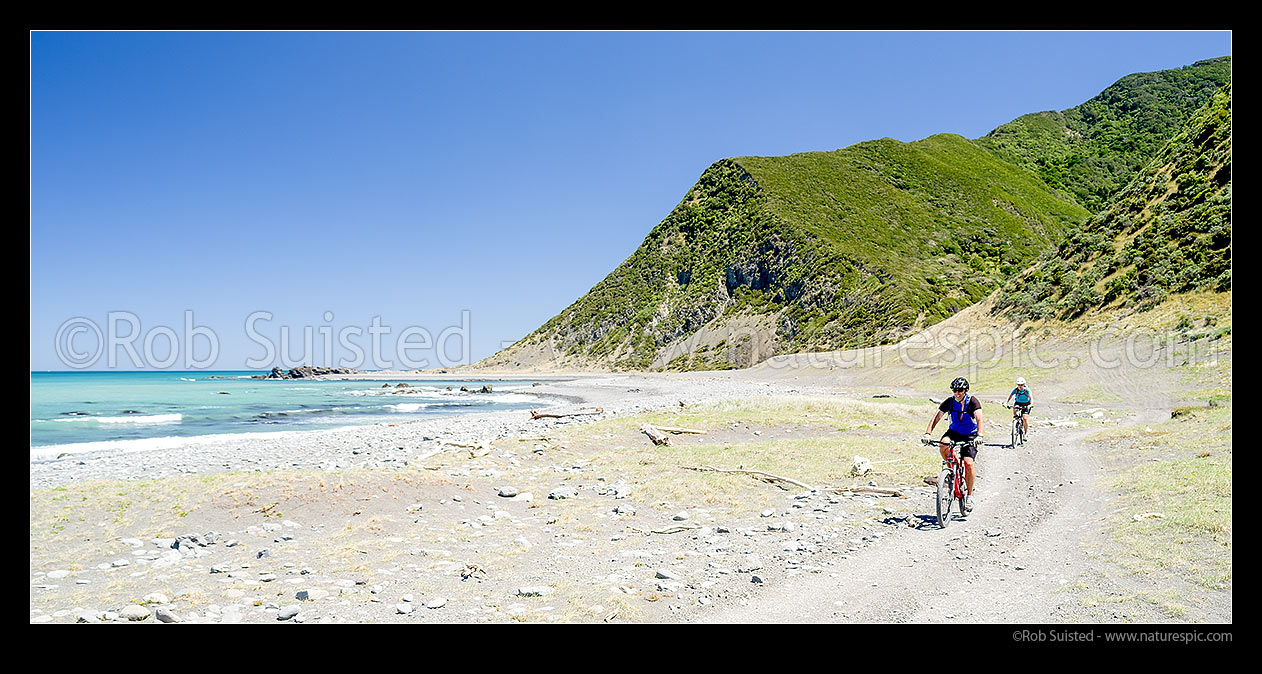 Image of Remutaka (Rimutaka) Cycle Trail bike riders, riding one of NZ's Great Rides (part of Nga Haerenga, The New Zealand Cycle Trail). Mountain biking Mukamukaiti stream. Windy Point behind, Remutaka Forest Park, South Wairarapa District, Wellington Region, New Zealand (NZ) stock photo image