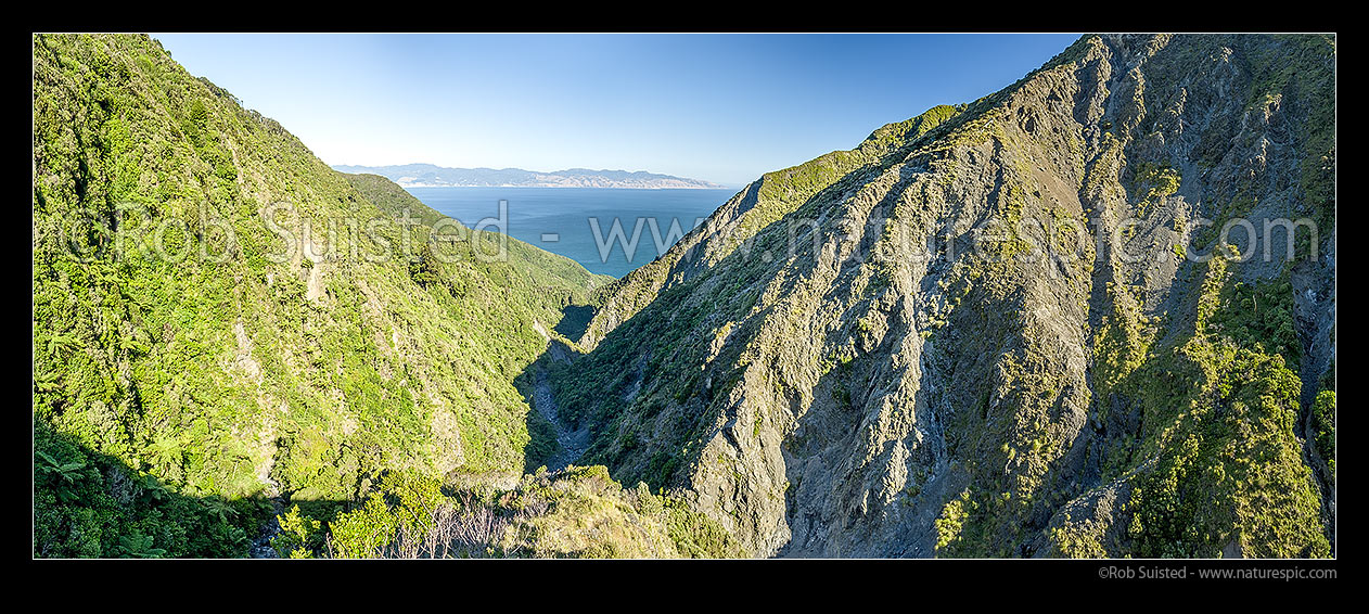 Image of Mukamukaiti Stream headwaters in the southern Remutaka (Rimutaka) Ranges. Palliser Bay and Cape Palliser beyond. Erosion scared landscape. Panorama, Remutaka Forest Park, South Wairarapa District, Wellington Region, New Zealand (NZ) stock photo image