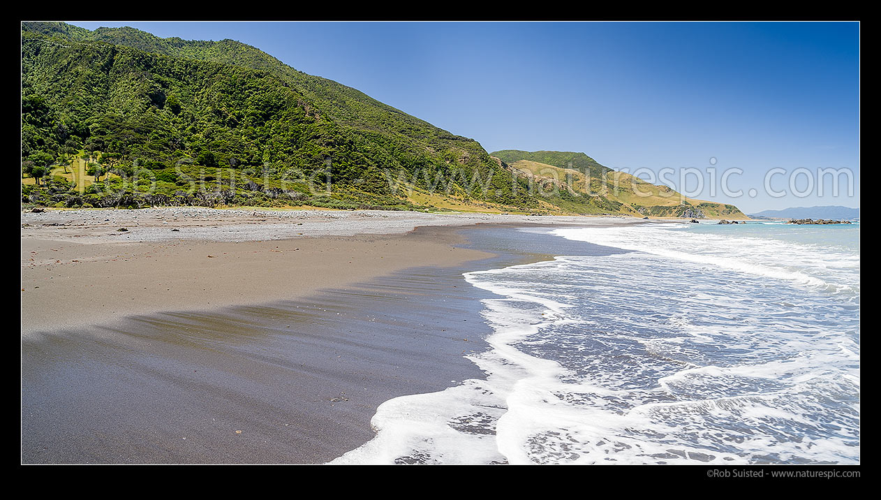 Image of Palliser Bay coastline by the Mukamuka Stream, southern Remutaka (Rimutaka) Ranges. Ocean Beach distant right. Panorama, Remutaka Forest Park, South Wairarapa District, Wellington Region, New Zealand (NZ) stock photo image